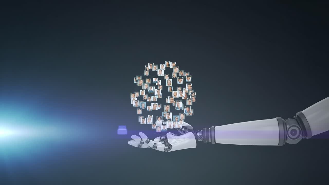 animación de una creciente red de personas sobre la mano del brazo del robot, con luz en movimiento en un fondo oscuro