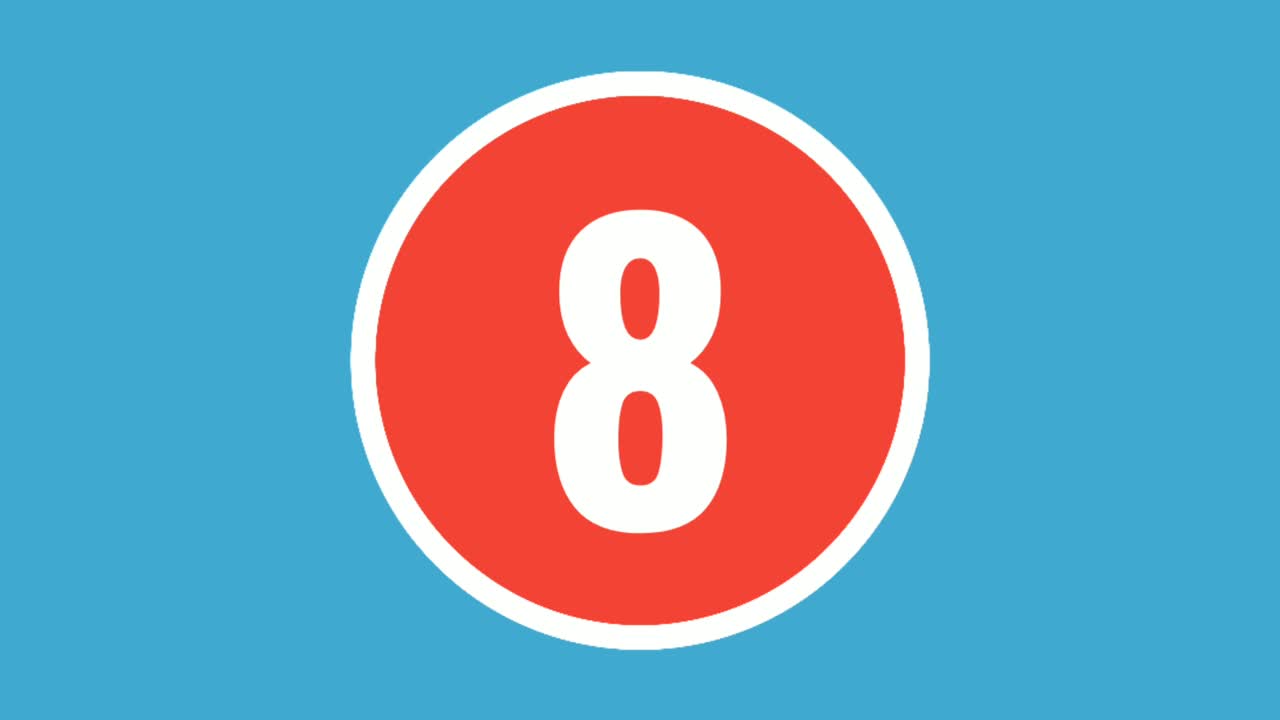 cuenta atrás número de dibujos animados 10 diez a 0 animación gráfica de movimiento en círculo rojo sobre fondo azul