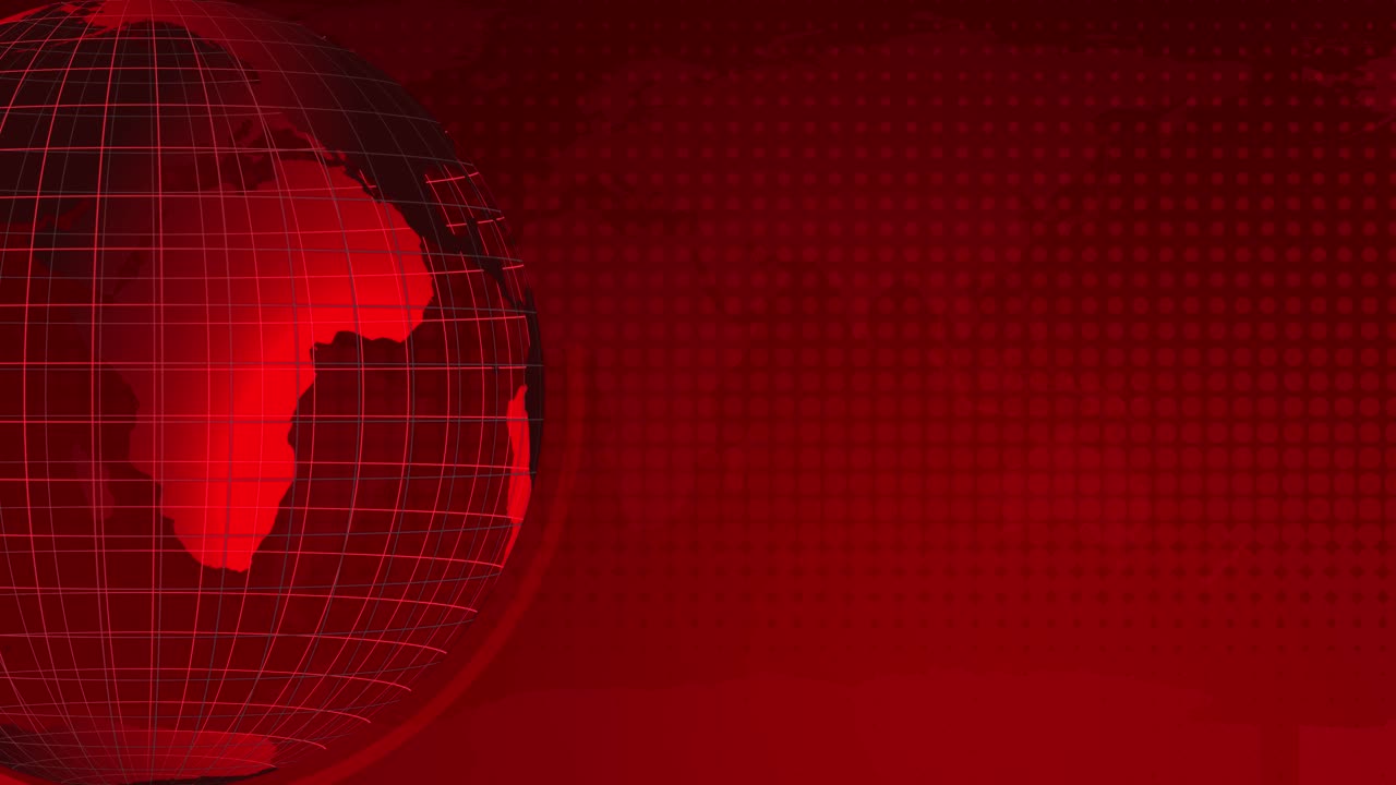 Rotating globe animation with red hues and grid overlays, highlighting continents and dynamic transitions in a 20-second loop