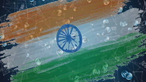 animación de símbolos de bitcoin que fluyen sobre la bandera de la india en el fondo