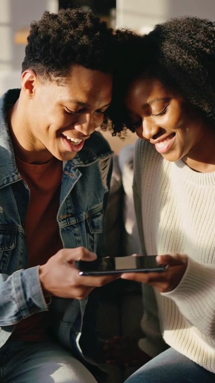 Vertical video: Leaning couple holding phone on sofa, man in denim jacket steadying