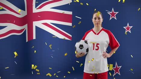 Animation-of-caucasian-female-soccer-player-over-flag-of-new-zealand