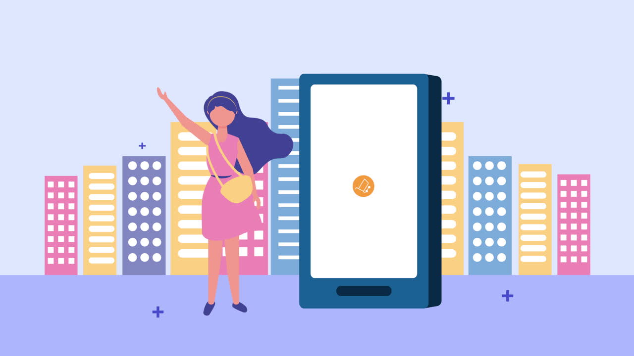 giovane donna che usa uno smartphone con icone di e-commerce