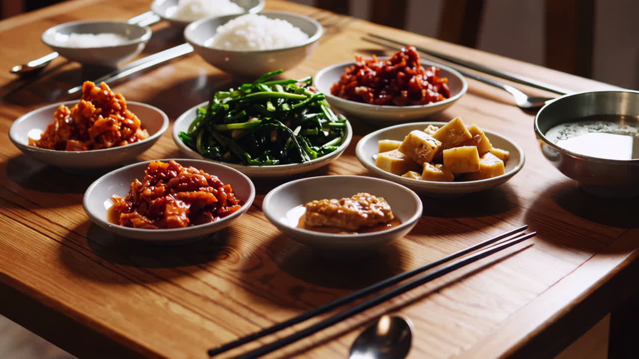Korean Table Setting with Banchan and Rice