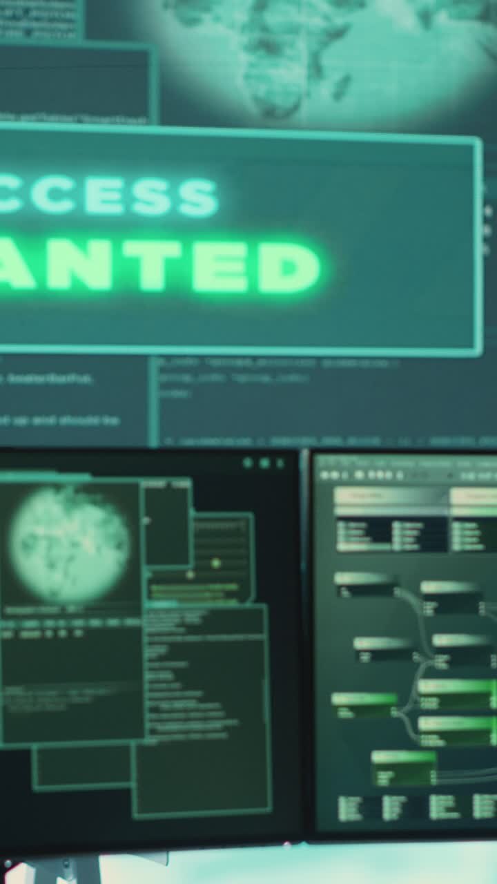 Hacker Man Gaining Access on Multiple Digital Screens