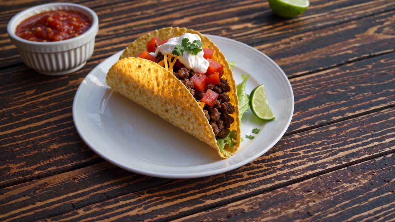 Primo piano di un fotogramma video di un taco su un tavolo di legno rustico, ripreso da un angolo laterale