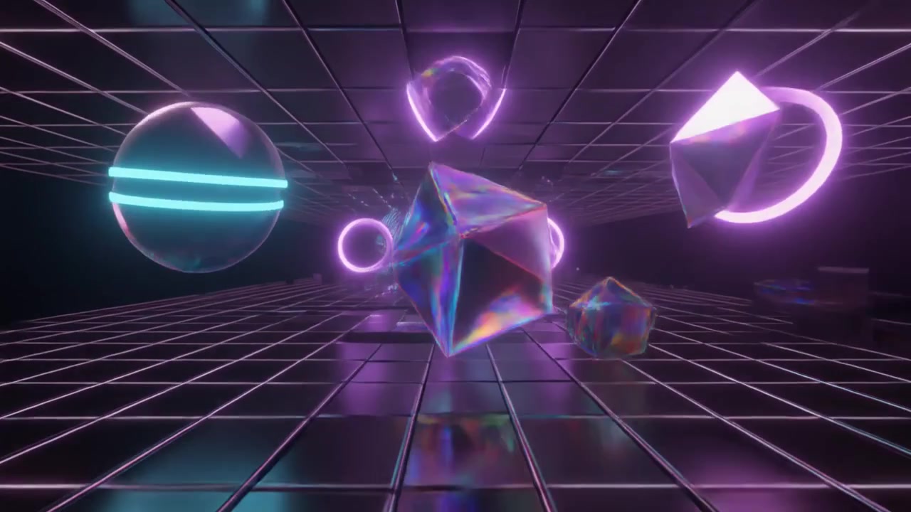 Forme geometriche 3D astratte fluttuanti in un tunnel a griglia al neon