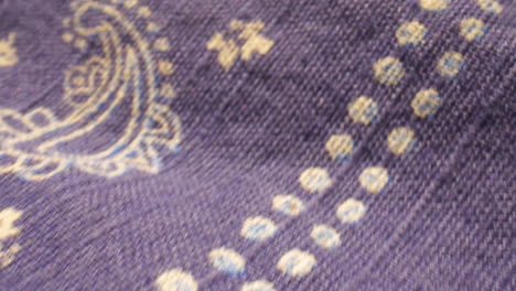 extreme close-up over blue and white paisley patterned fabric