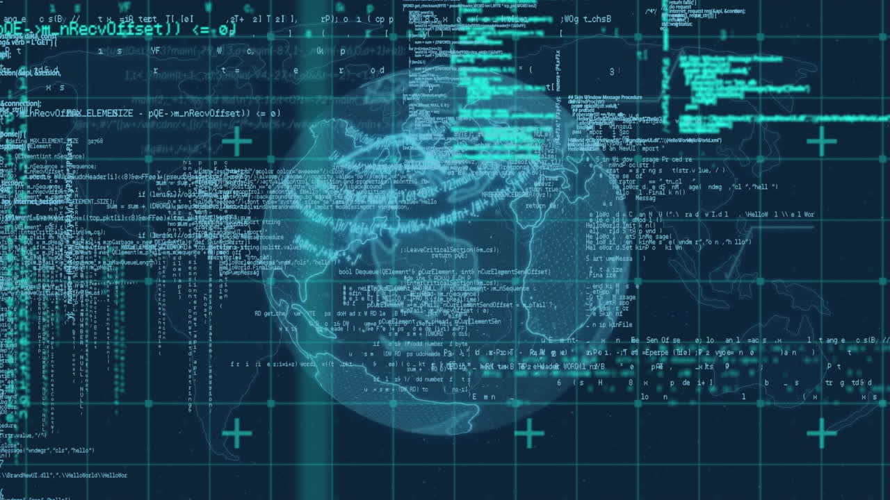 전 세계 지도 위의 파란 데이터 처리 인터페이스의 애니메이션
