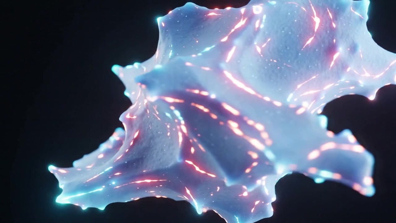 Rotating luminous membrane unfolding while camera moving closer in dark void, showing filaments