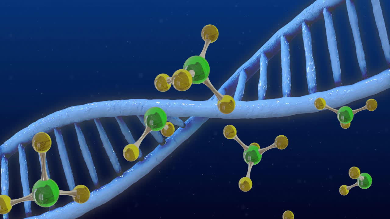파란색 배경에 있는 dna 가닥 회전과 분자의 애니메이션
