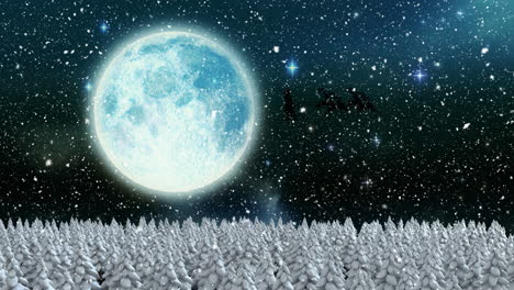 animated snowfall and santa silhouette against moonlit sky for christmas.