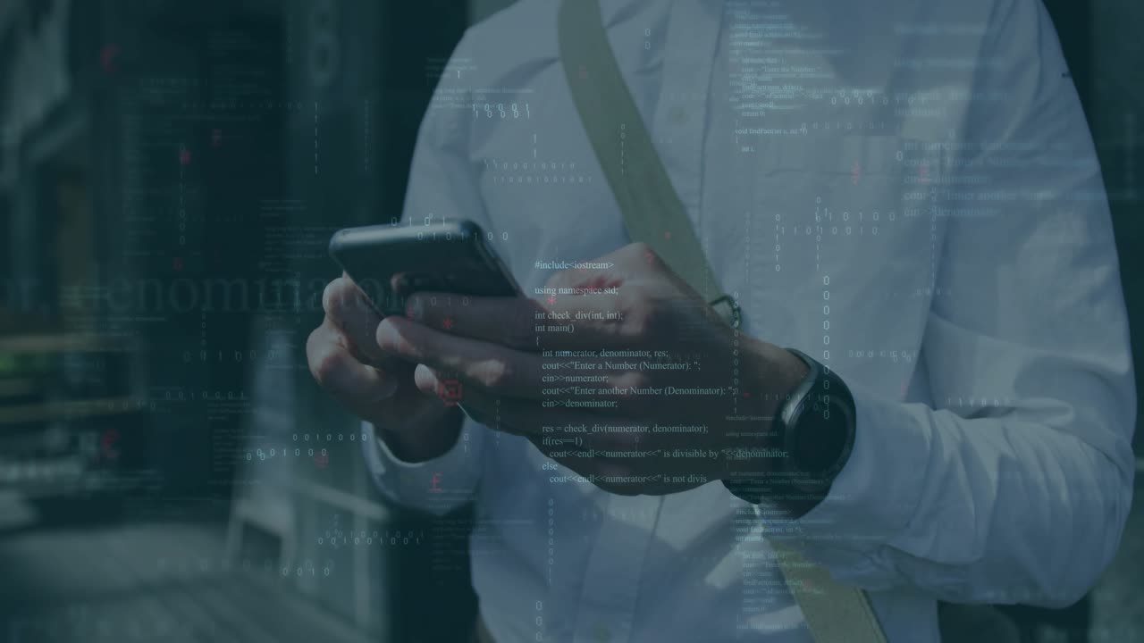 Male commuter tapping smartphone on urban walkway, generating tech code overlay while scanning data
