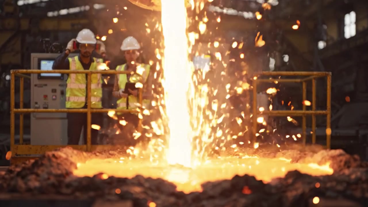 Lavoratori che osservano metallo fuso colare da un forno in una fonderia, mostrando l'intensità e il processo della fusione dei metalli e della produzione industriale.