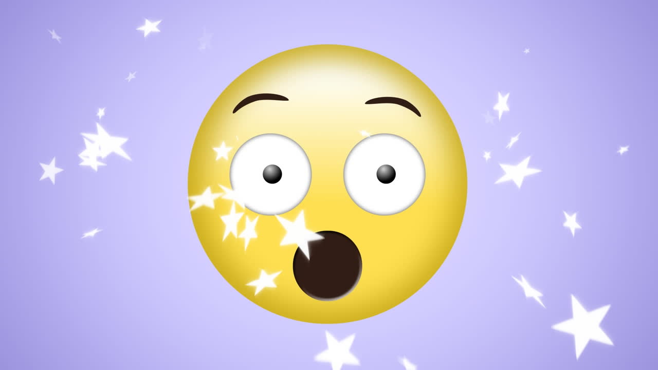 animación de estrellas blancas cayendo sobre un emoji sorprendido sobre un fondo púrpura pálido
