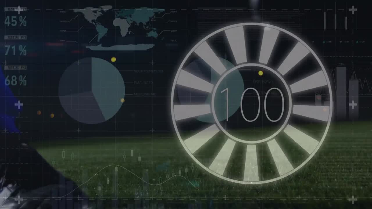 animación del procesamiento de datos financieros sobre el jugador de fútbol en el campo