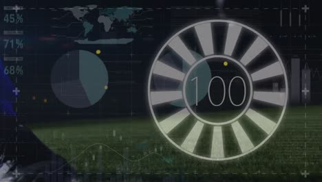 animación del procesamiento de datos financieros sobre el jugador de fútbol en el campo