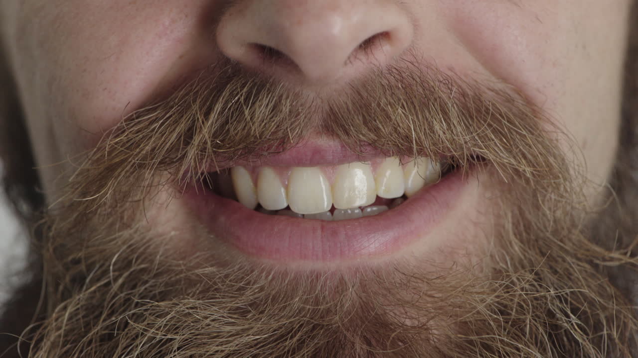 cerrar la boca de un joven sonriente barba hipster dientes blancos saludables salud dental