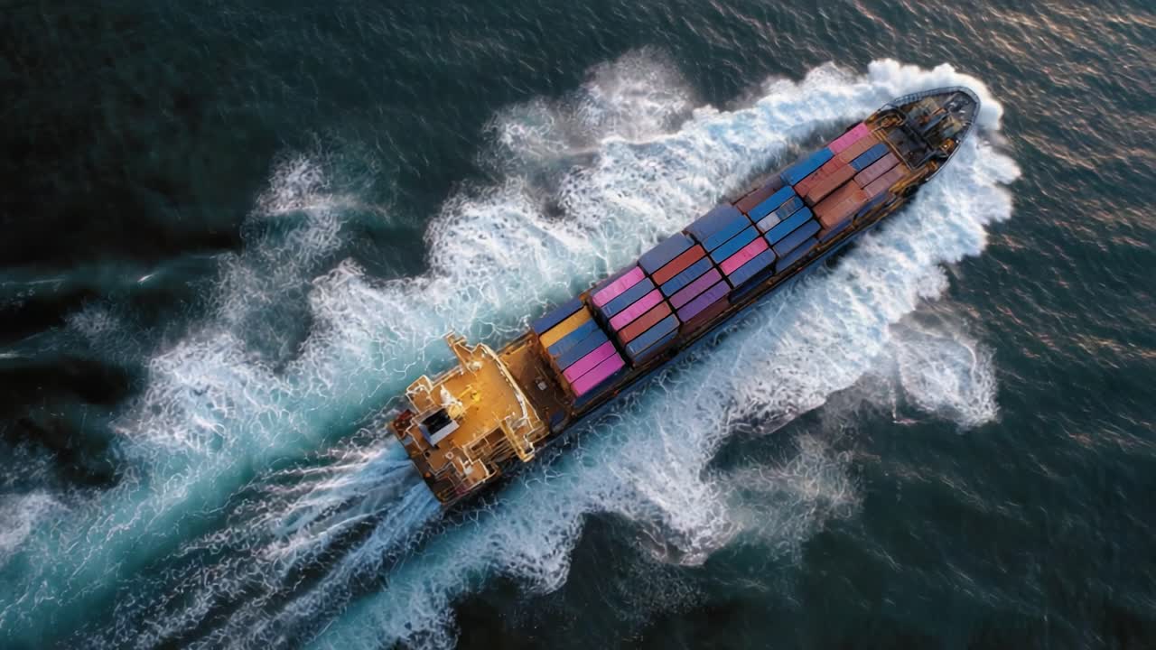 Aerial View of a Container Ship Navigating Through Turbulent Waters, Capturing the Power and Efficiency of Maritime Freight Transport