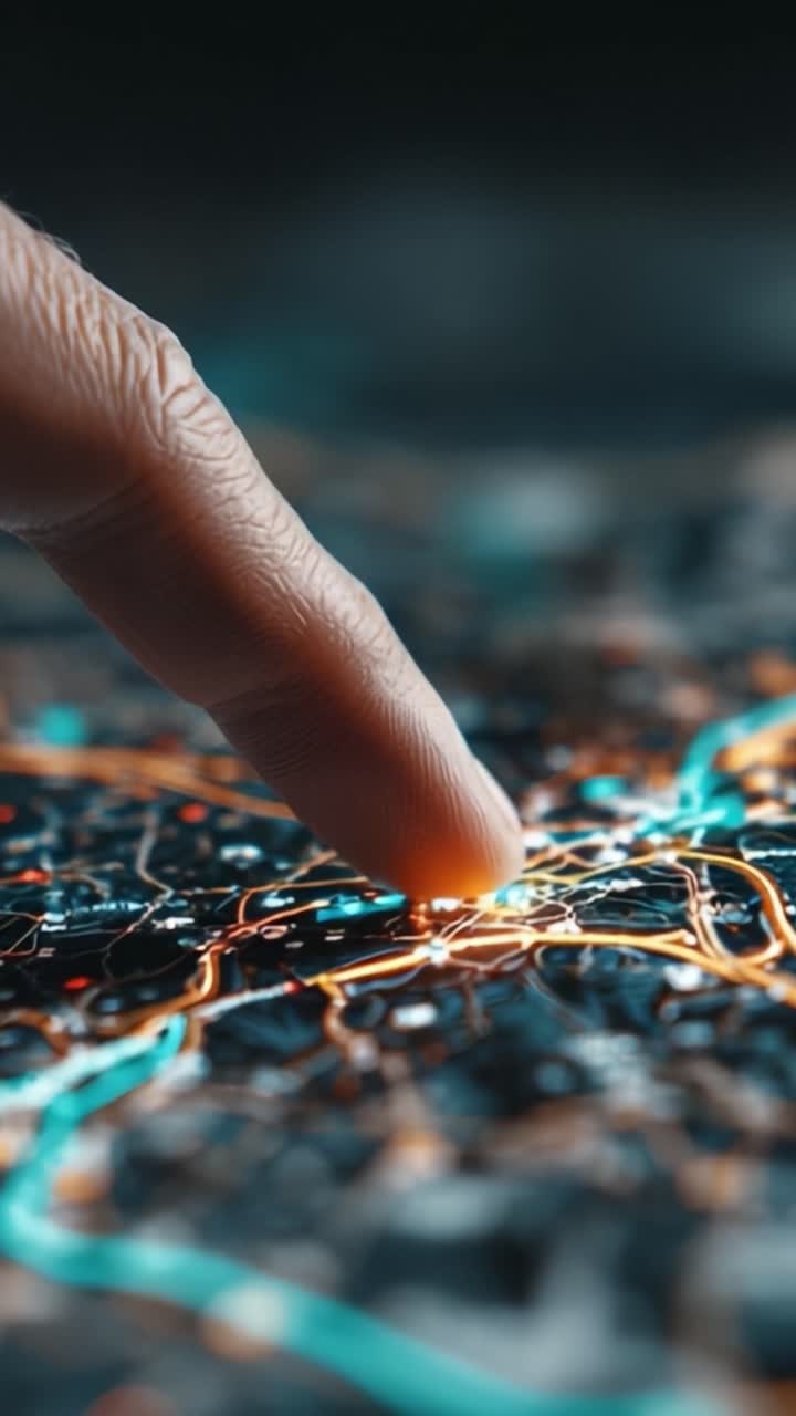 A Close-Up View of a Finger Interacting with a Digital Map, Highlighting Connectivity Through Illuminated Pathways and Data Representation
