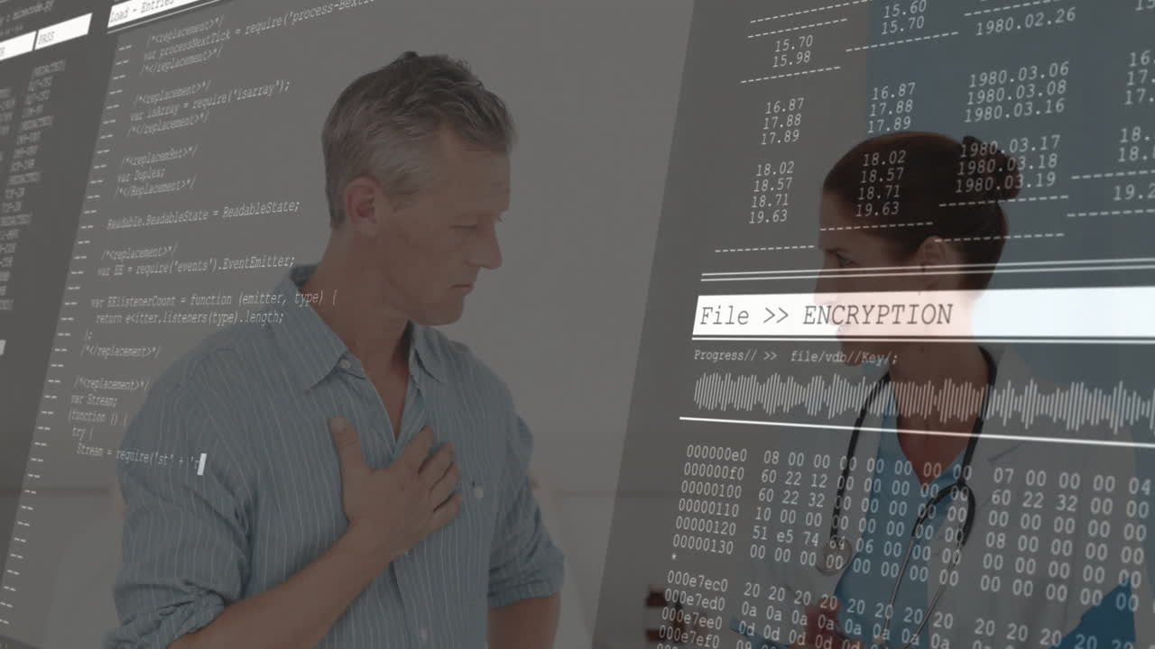 Female doctor checking patient chest in clinic, displaying code panels and encryption interface