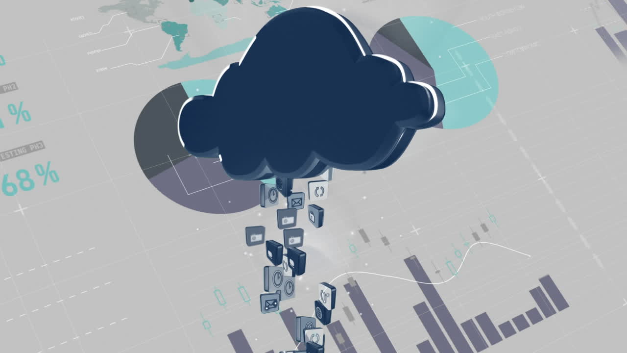 iconos que se elevan en una nube frente a los gráficos en movimiento