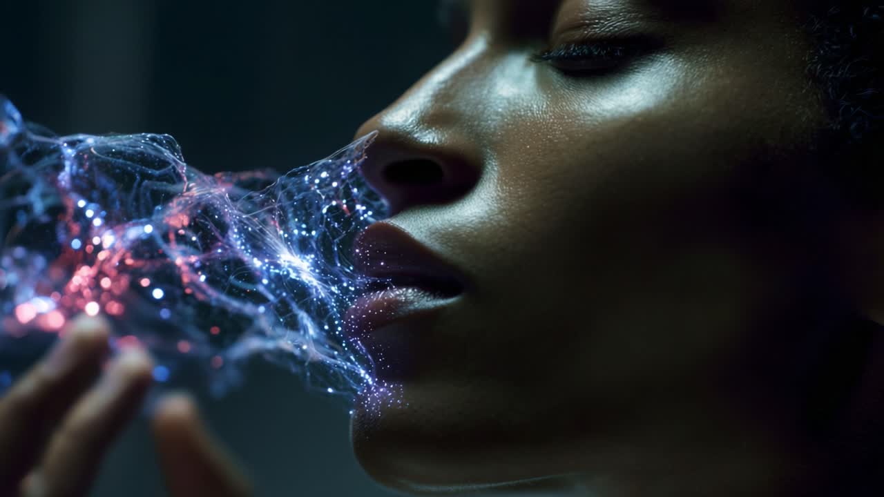 An ethereal expression of human connection merges with digital art, as a person gently interacts with a vibrant web of glowing energy, showcasing the fusion of reality and virtual imagination