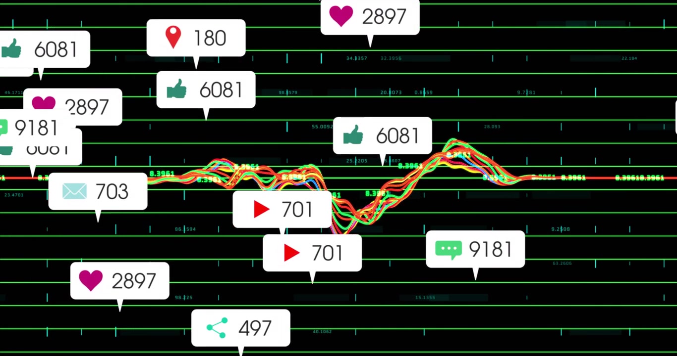 Multicolor wave moving on grid, ticks showing, making icon tags clustering, settling for analytics