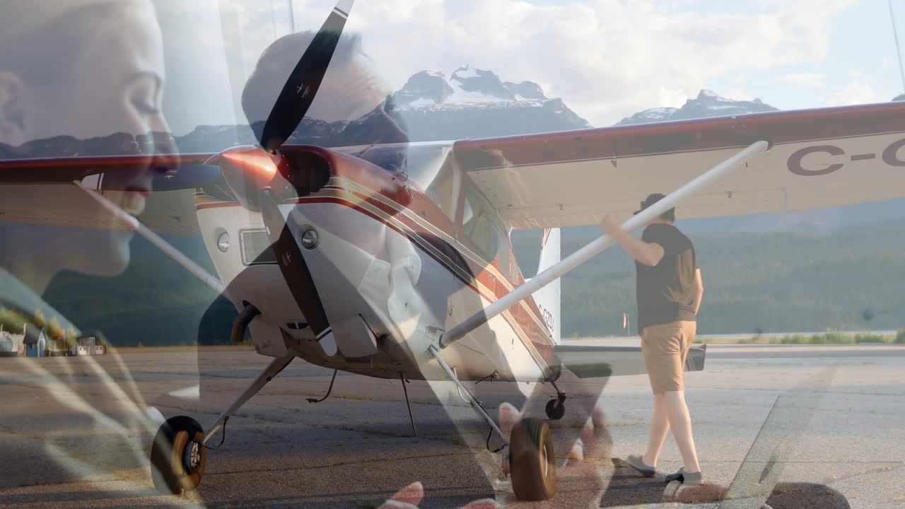 Animation of airplane on runway with people interacting in school background