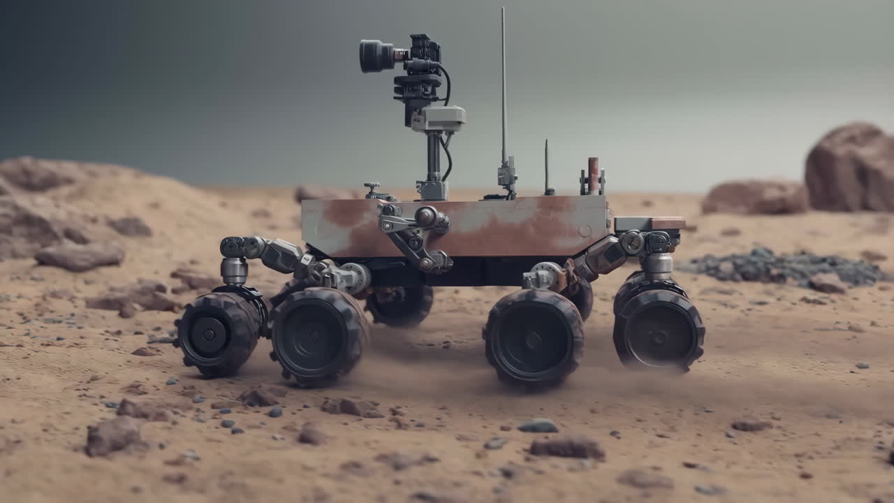 A robotic Mars rover traversing a sandy, rocky alien landscape