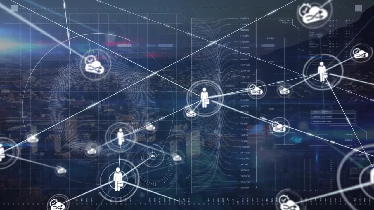 Animation of data processing and icons over blue background