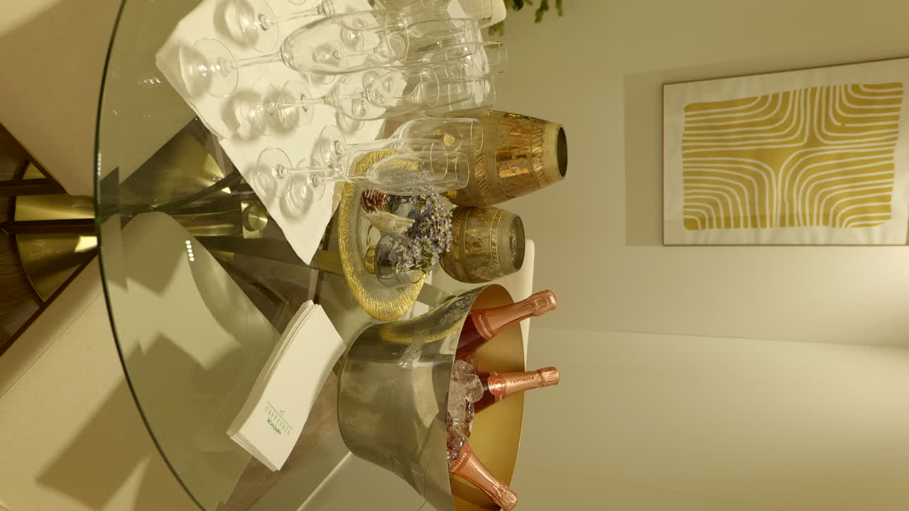 Video verticale di bicchieri e bottiglie di champagne su tavolo di vetro, centro commerciale.