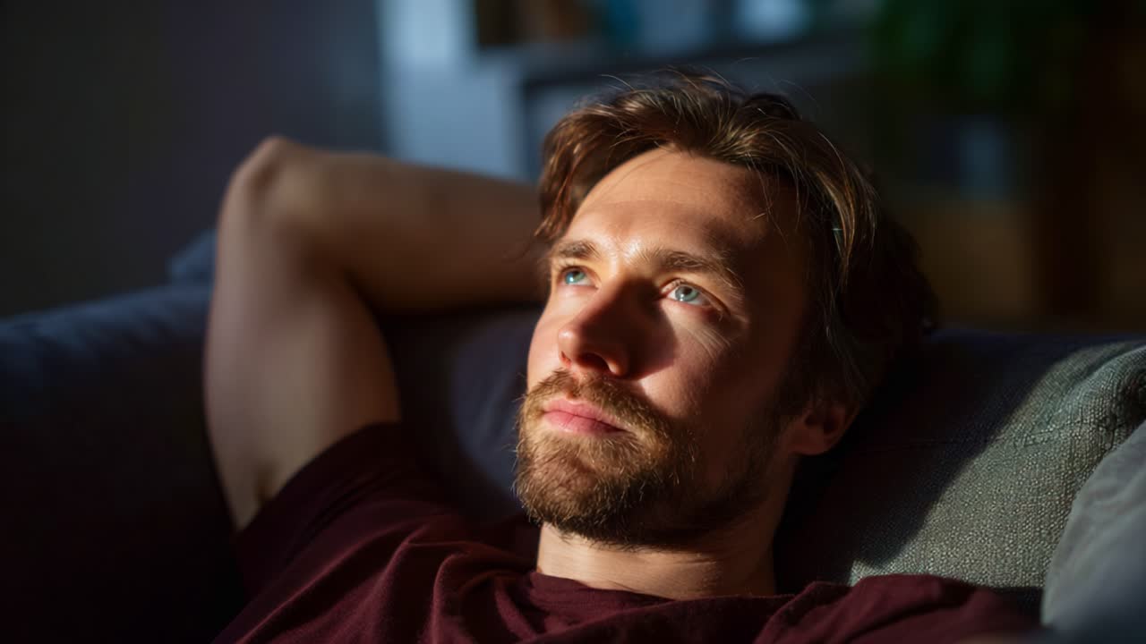 Et ettertenksomt øyeblikk fanget i naturlig lys der en mann hviler på en sofa, fordypet i tanker med et fredfylt uttrykk og en bakgrunn av myke skygger