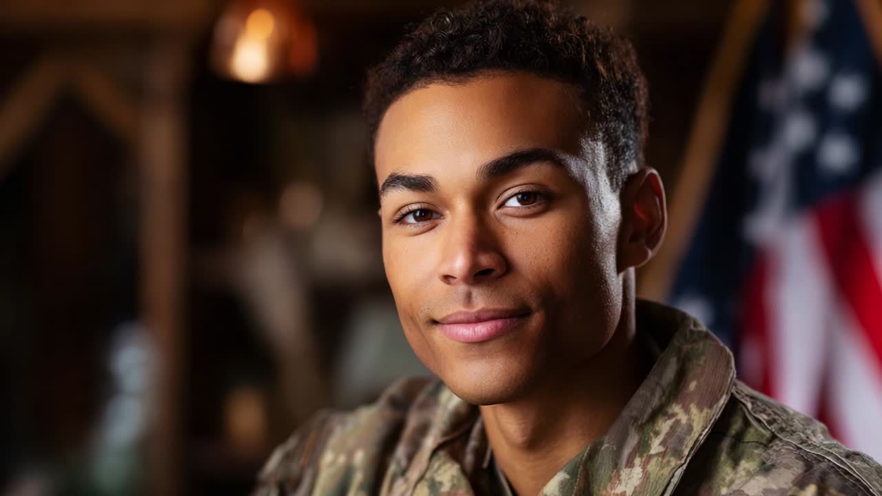A confident and proud young soldier in military uniform showcases his approachable smile, embodying the spirit of service, dedication, and camaraderie while standing against a backdrop featuring an emblem of national pride