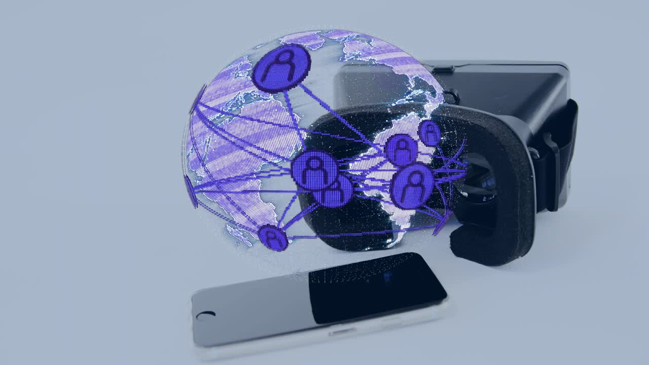 Hologramglobus vises over et bord, roterer og forbinder lilla ikoner, hvilket viser netværksvækst