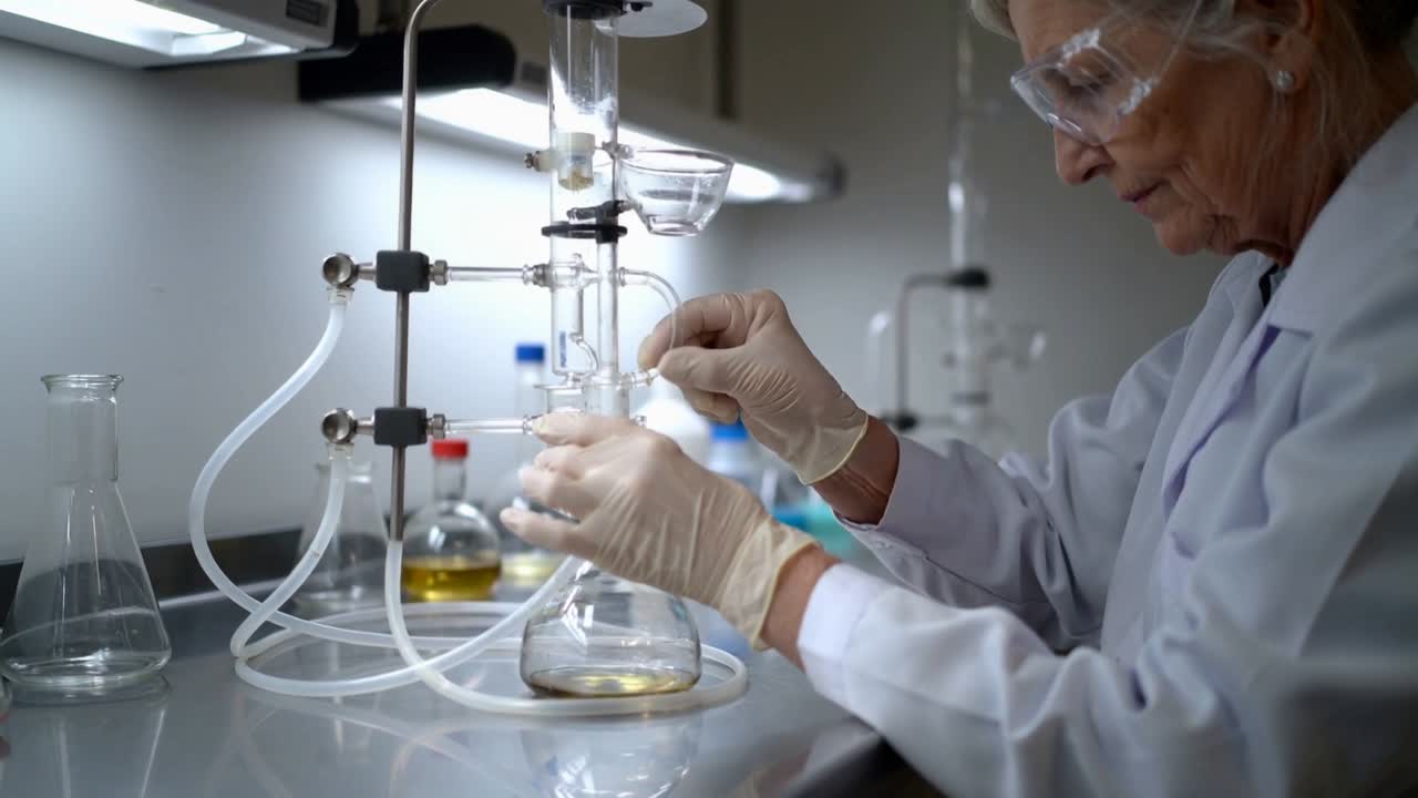 Aligning senior chemist in lab coat goggles adjusting adapter at bench collecting flask, copy space