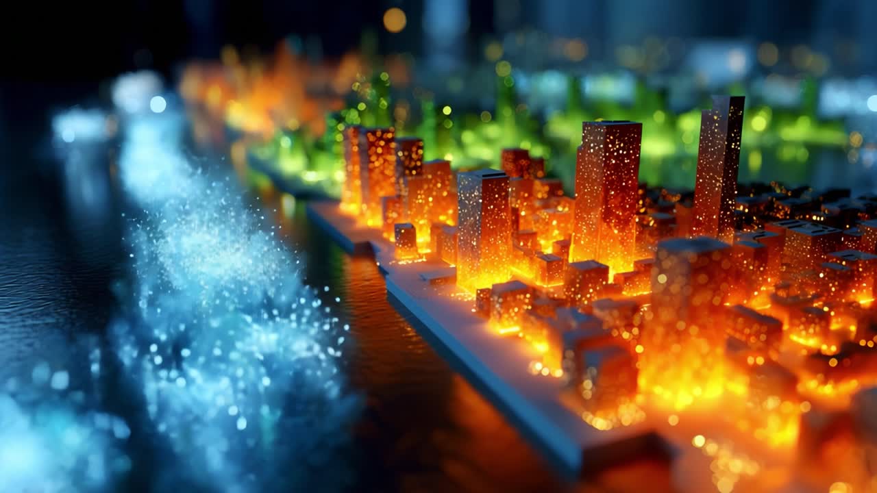 A Dazzling Digital Cityscape Glows with Vibrant Orange and Green Lights, Showcasing a Stunning Urban Environment Reflecting in Water Under a Starry Sky