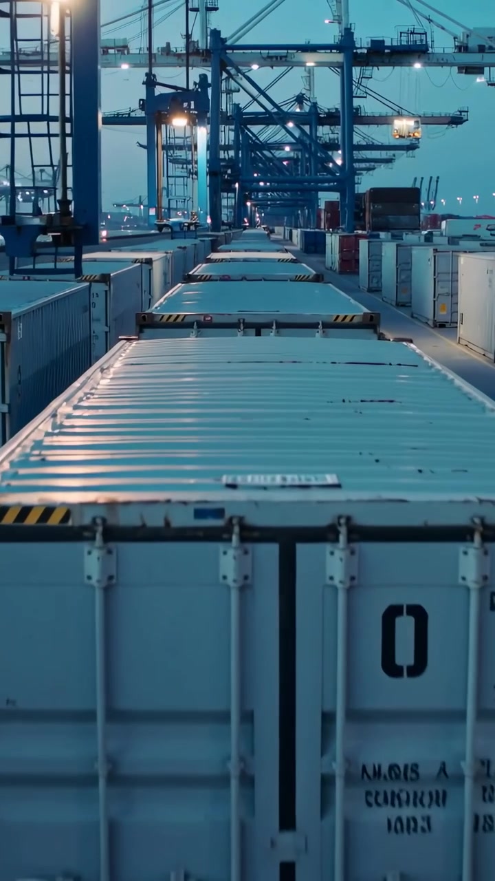 Vertical video: Advancing camera filming pale teal containers at quay for showing gantry cranes