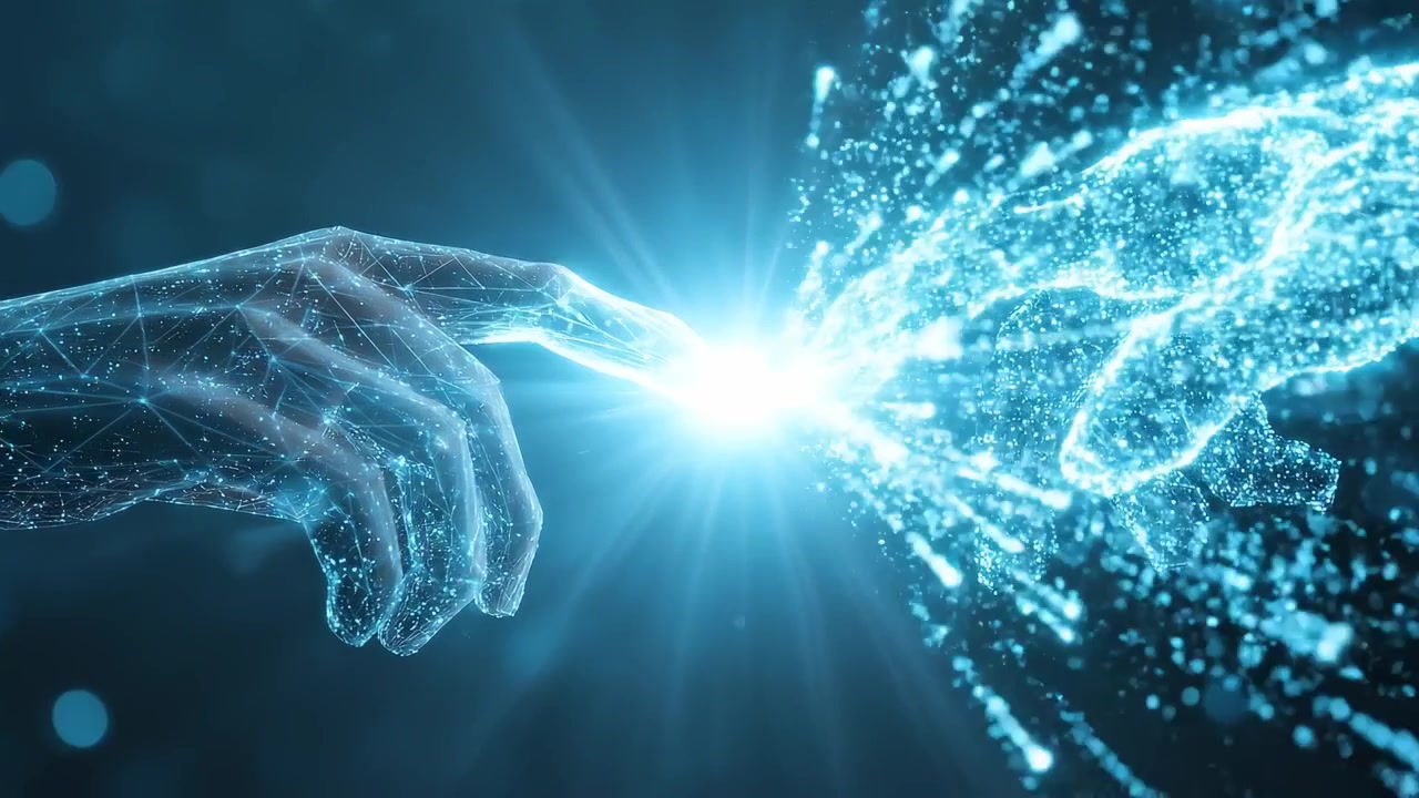 Mãos Digitais Conectando-se com Partículas Brilhantes