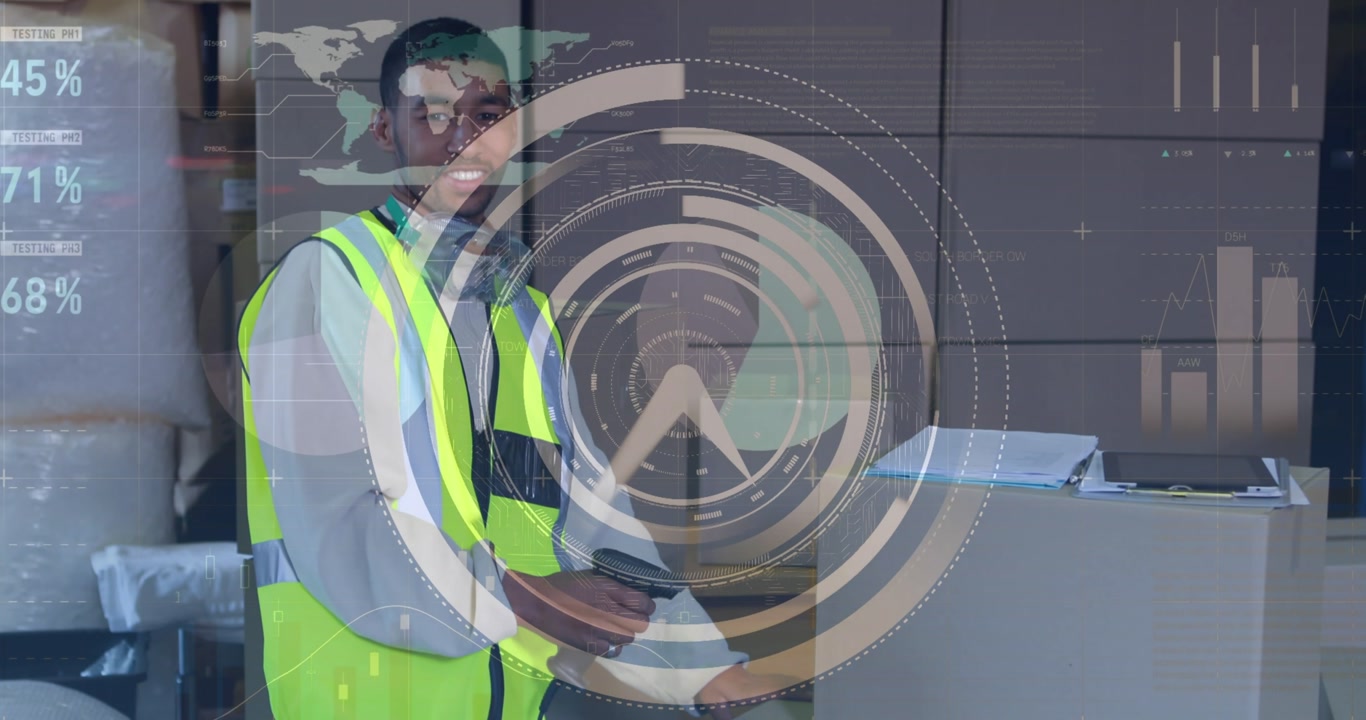 Animation of clock and data processing over african american male worker scanning delivery boxes