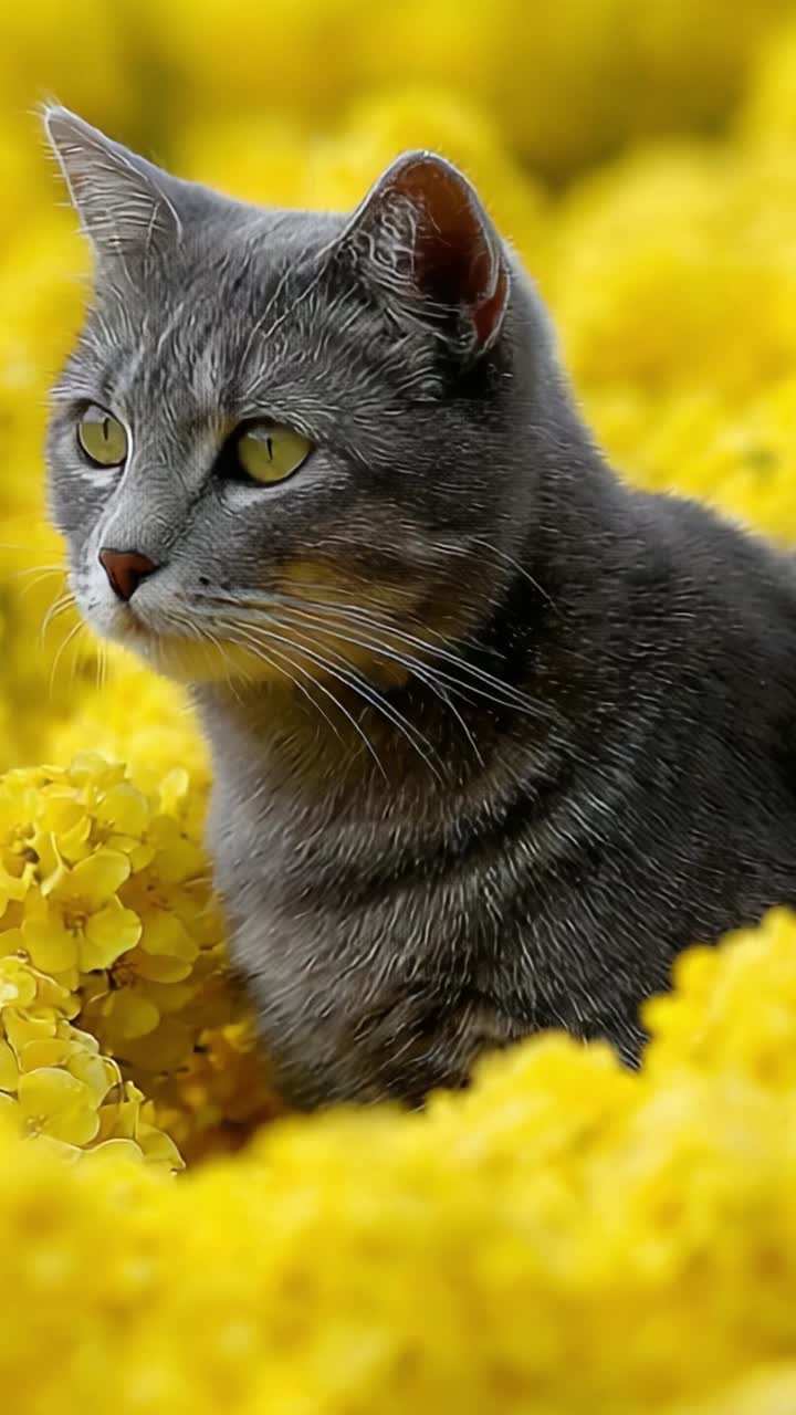 A Grey Cat Among Vibrant Yellow Flowers: Captivating Portraits That Showcase Nature's Beauty and the Elegance of Feline Companions