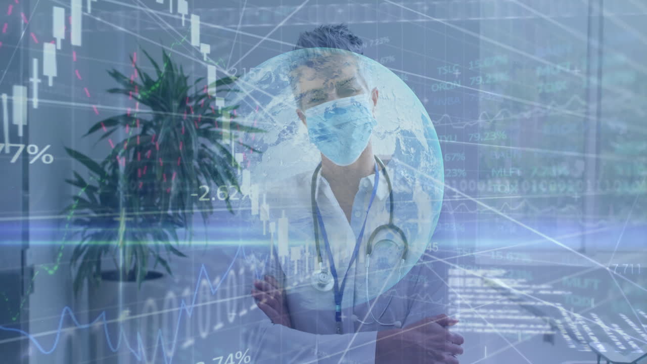 Senior woman doctor standing with crossed arms in clinic, showing globe overlay and finance charts