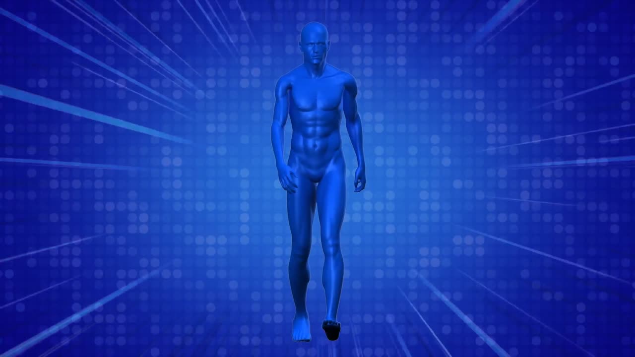 animación de senderos de luz azul sobre el modelo humano azul caminando