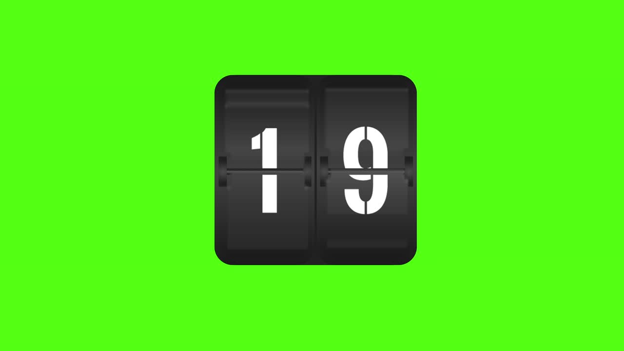 Retro old vintage flip clock icon animation. 99 number count up down on green, chroma key  screen background