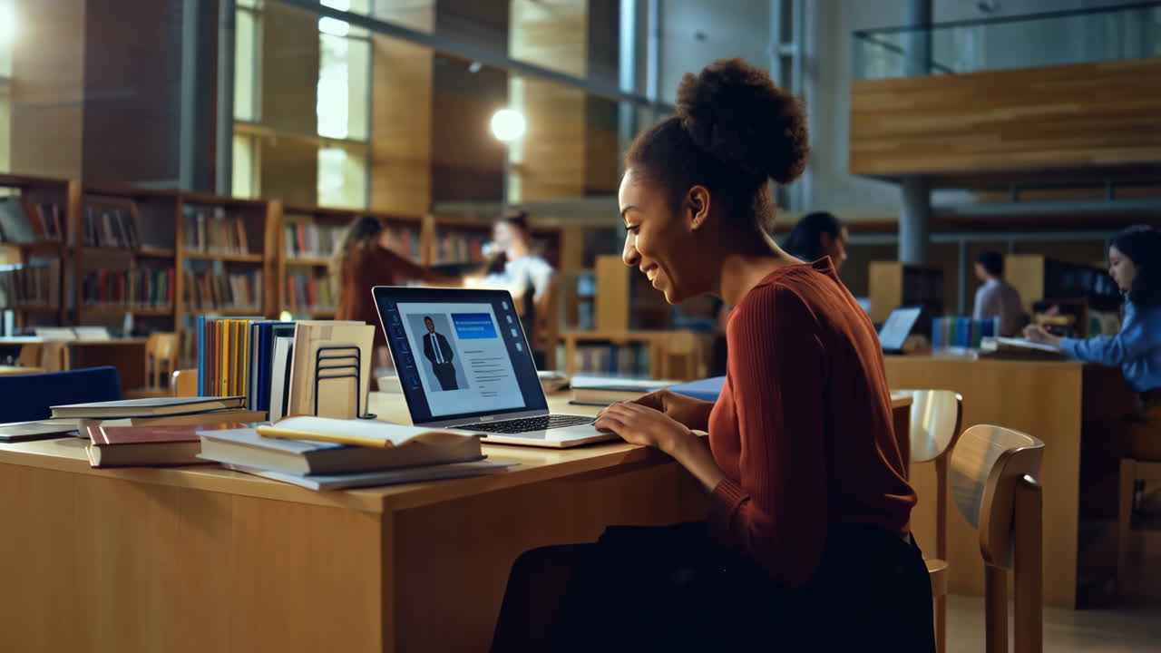 Young woman happily studying on a laptop in a library