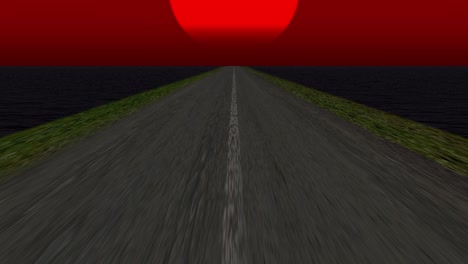 an abstract concept of the endless road, travelling over water into a golden red sunset