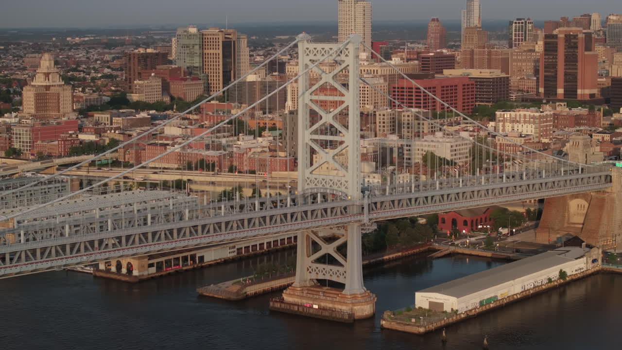 Aerial view of Philadelphia and the Ben Franklin Bridge. Shot at sunrise on a summer morning