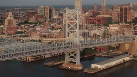 aerial view of philadelphia and the ben franklin bridge. shot at sunrise on a summer morning