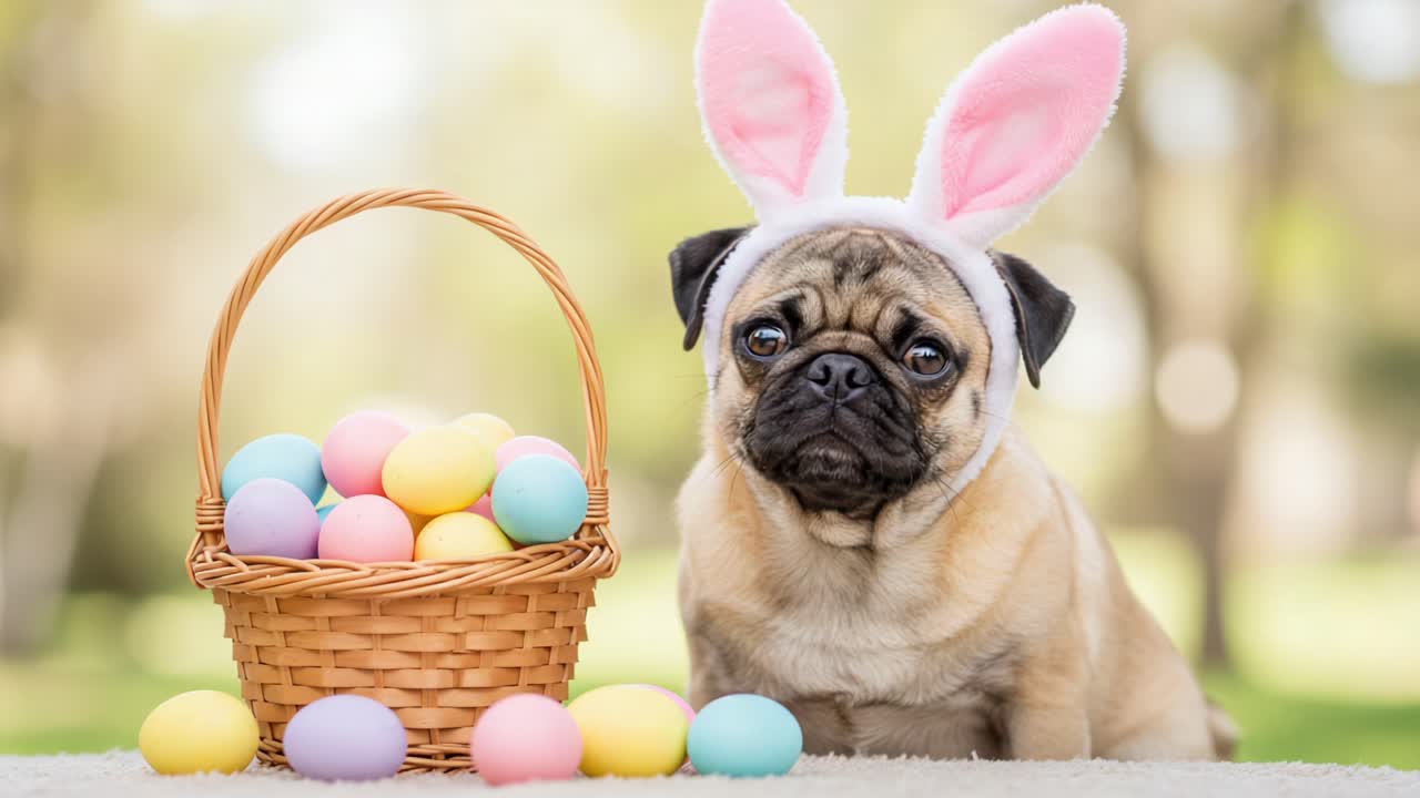 Pug adorável fantasiado com orelhas de coelho sentado ao lado de uma cesta colorida de ovos de Páscoa, perfeito para celebrações de primavera e sessões de fotos festivas