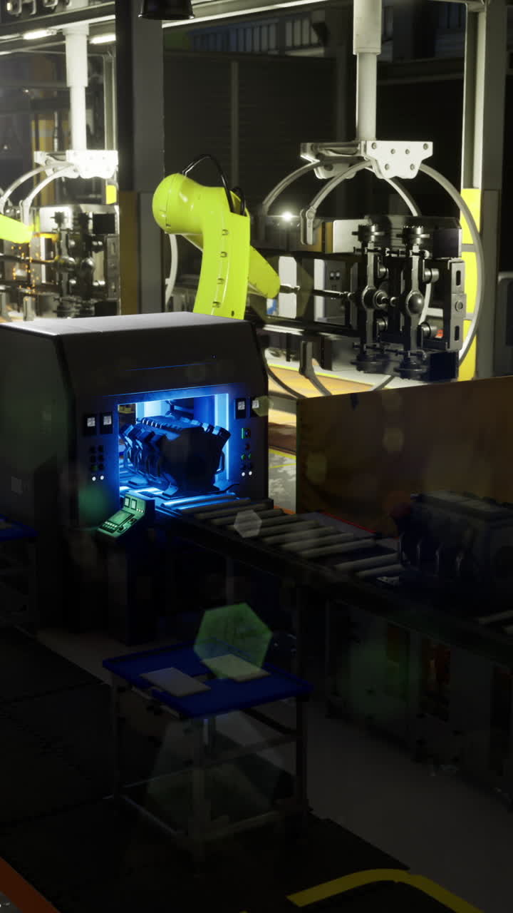 Industrial robotics assembly line operating in a modern facility at night